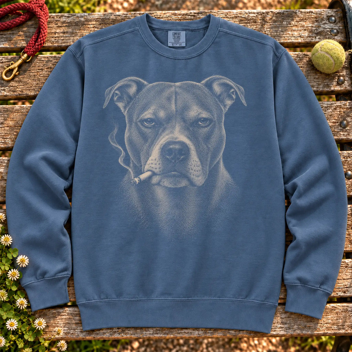 Pitbull smoking design on a Denim sweatshirt