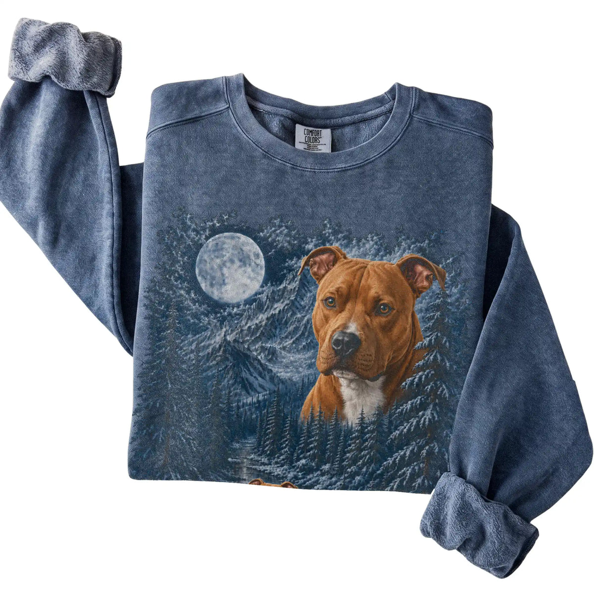 Folded denim sweatshirt with Pitbull Winter Moon artwork.