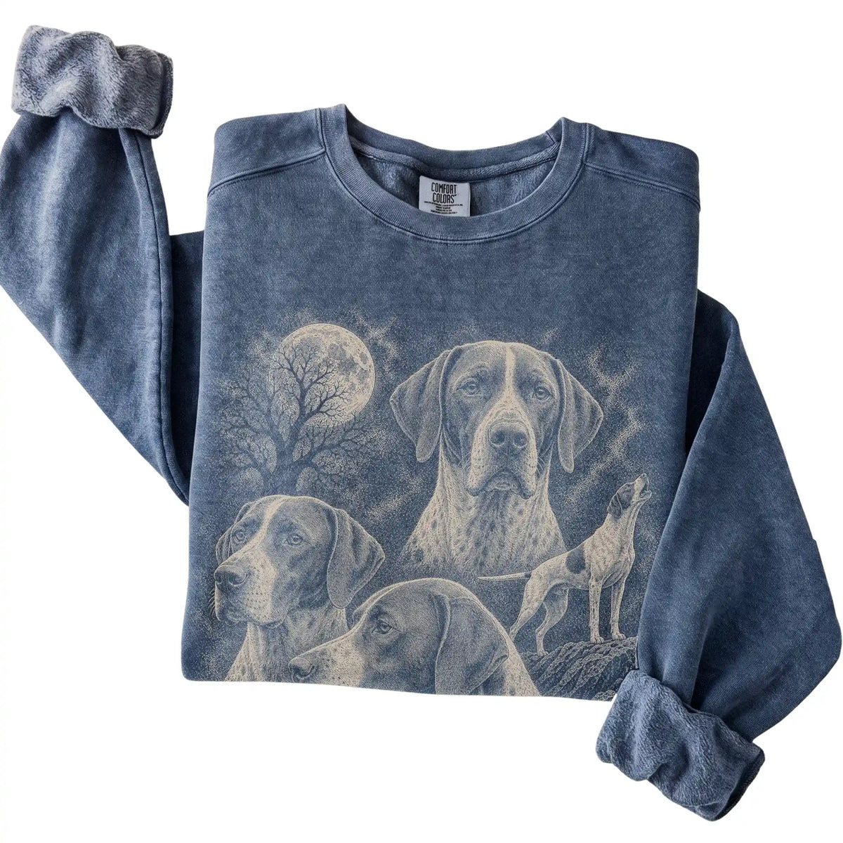 Denim Comfort Colors sweatshirt featuring a Pointer 1990s moon design