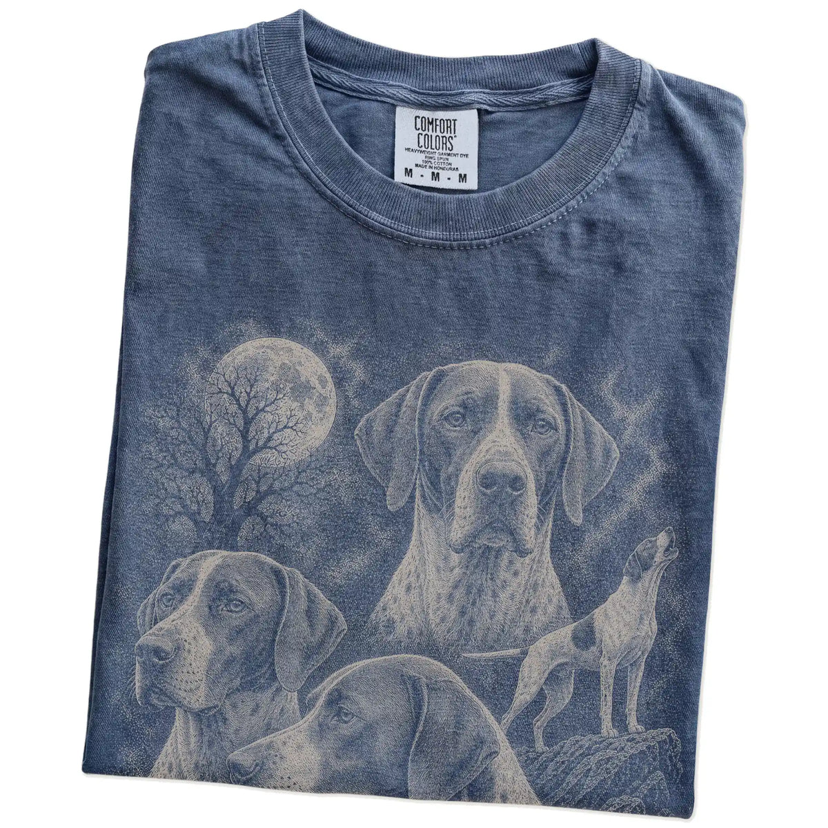 Folded Denim Comfort Colors® T-shirt showing a vintage moon montage featuring Pointer