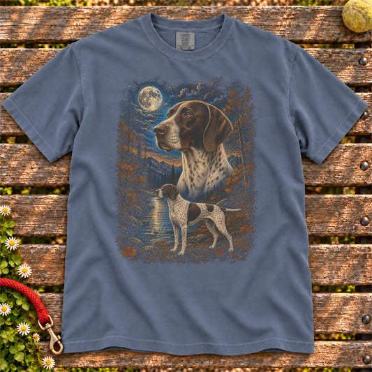 Pointer Autumn Moon design on a Denim T-shirt shown flat