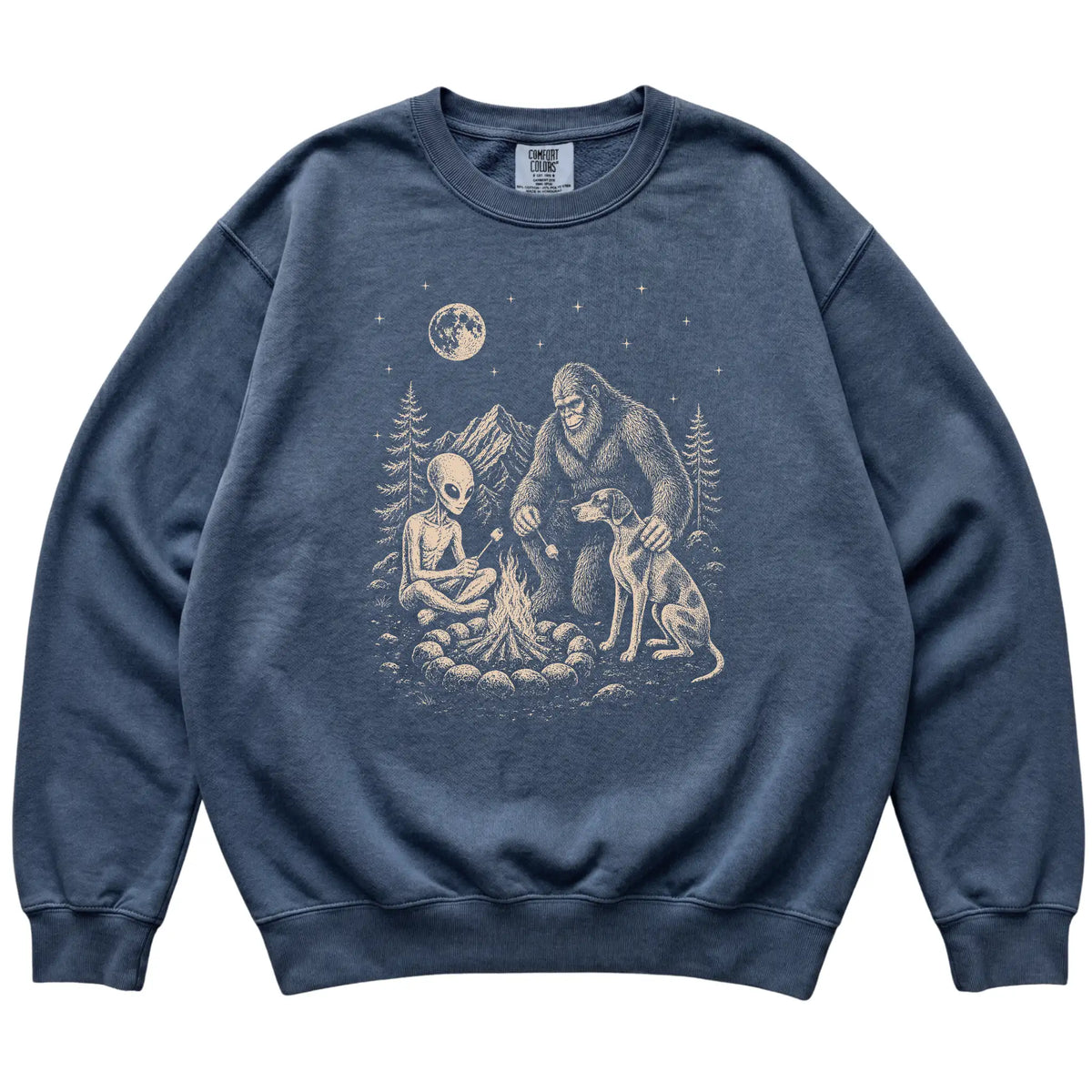 Denim Pointer Camping with Bigfoot and Alien shirt laid flat