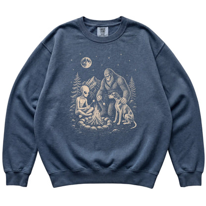 Denim Pointer Camping with Bigfoot and Alien shirt laid flat