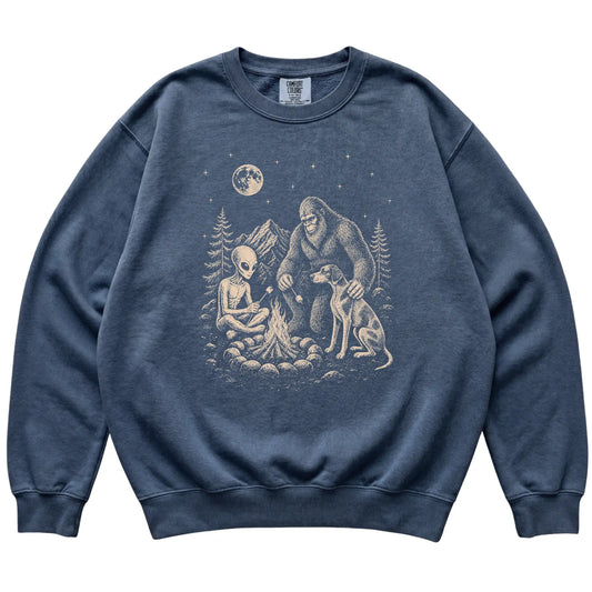 Denim Pointer Camping with Bigfoot and Alien shirt laid flat
