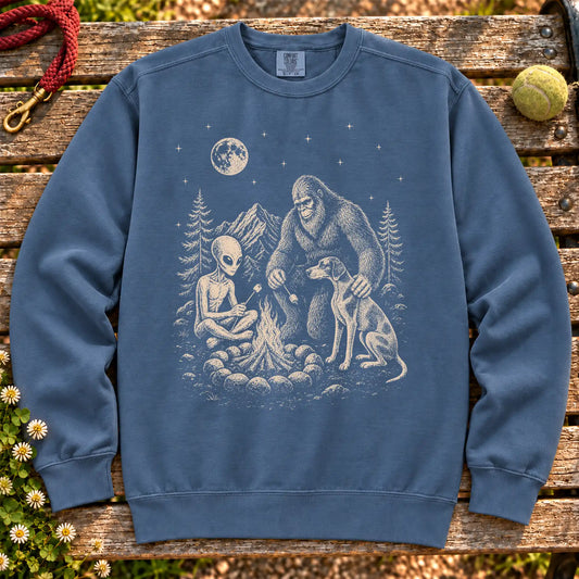 Pointer Camping with Bigfoot and Alien on a Denim crewneck sweatshirt, shown flat