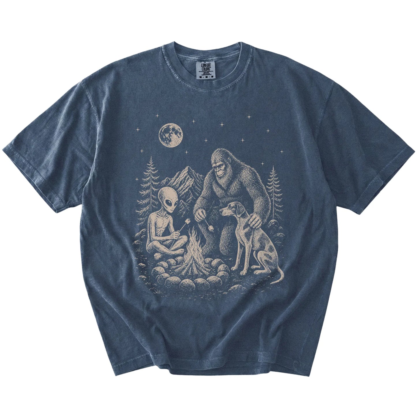 Pointer camping with Bigfoot and an alien on a Denim Comfort Colors® T-shirt