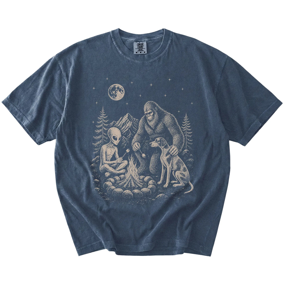 Pointer camping with Bigfoot and an alien on a Denim Comfort Colors® T-shirt