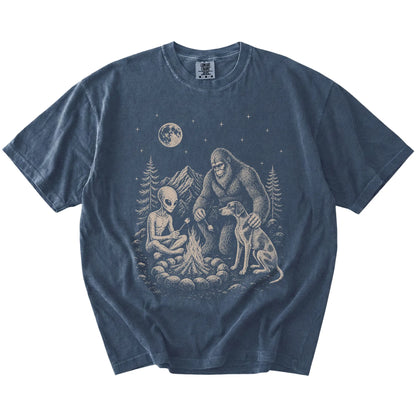 Pointer camping with Bigfoot and an alien on a Denim Comfort Colors® T-shirt