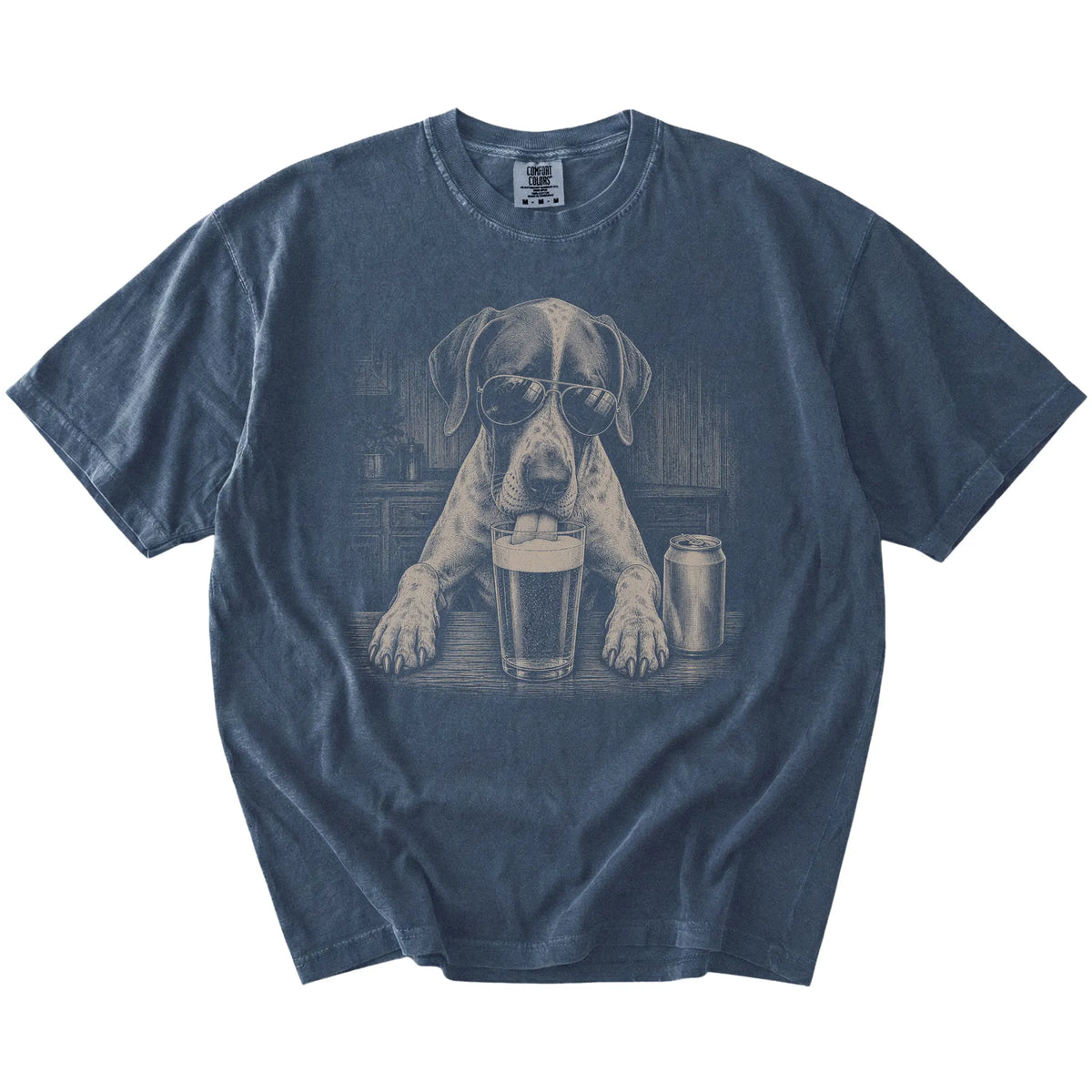 Pointer sneaking a drink from a foamy pint at home on a Denim Comfort Colors® t-shirt