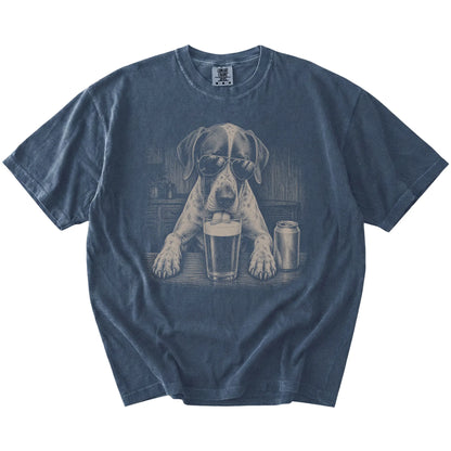 Pointer sneaking a drink from a foamy pint at home on a Denim Comfort Colors® t-shirt