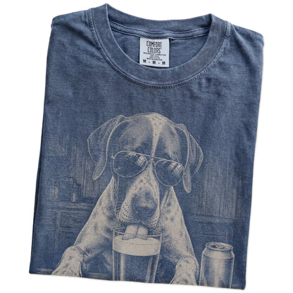 Folded Denim Comfort Colors® t-shirt showing Pointer sneaking a drink from a pint