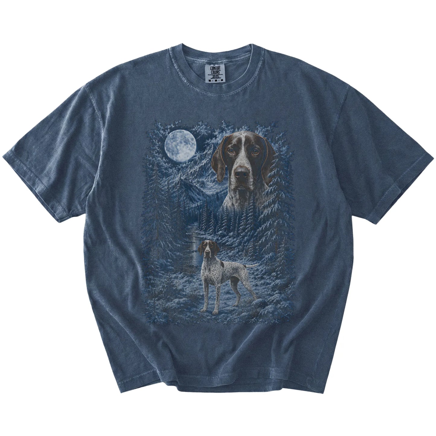 Pointer in a snowy winter forest on a Denim t-shirt