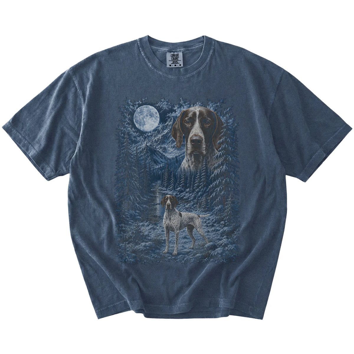 Pointer in a snowy winter forest on a Denim t-shirt