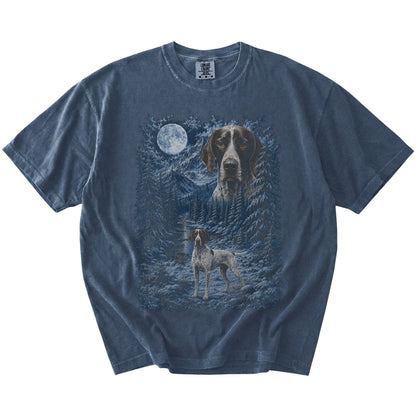Pointer in a snowy winter forest on a Denim t-shirt