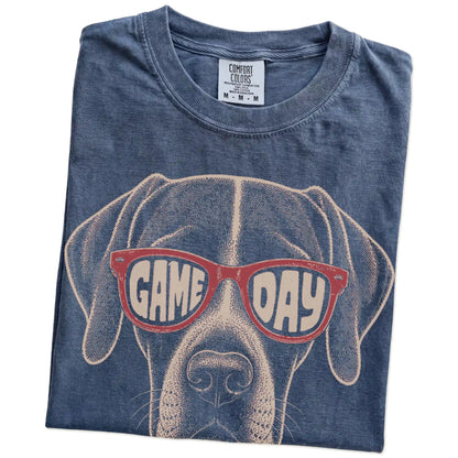 Folded Denim Comfort Colors® T-shirt showing pointer wearing red game day sunglasses