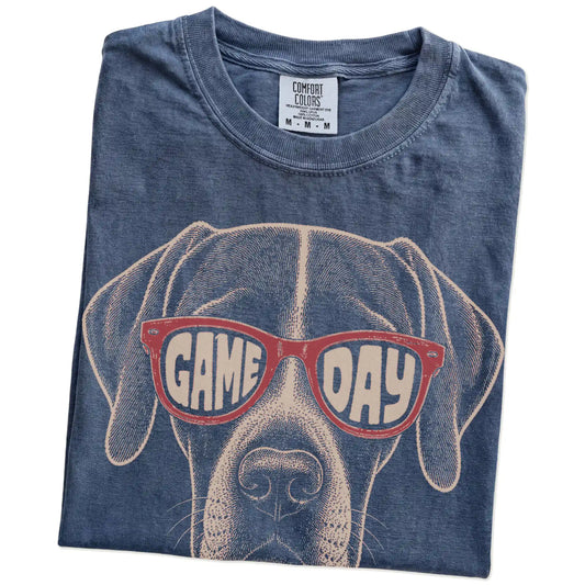 Folded Denim Comfort Colors® T-shirt showing pointer wearing red game day sunglasses