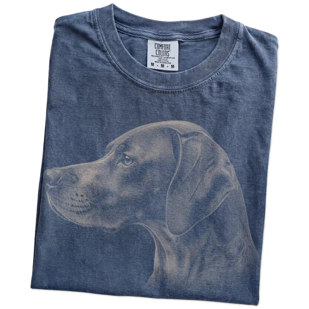 Folded Denim Comfort Colors® T-shirt showing a detailed photographic portrait of a Pointer