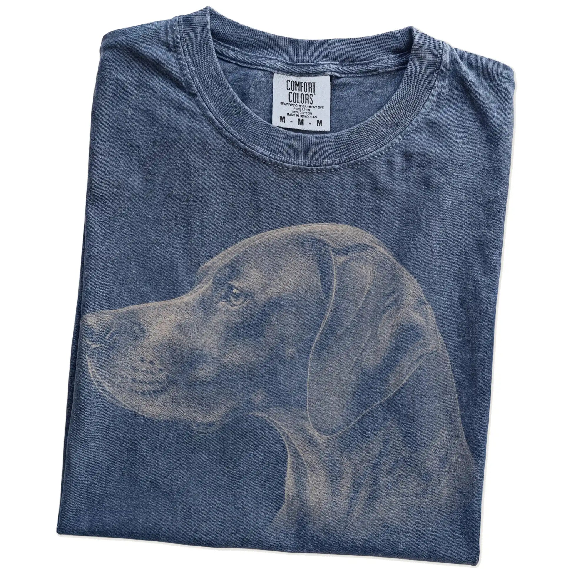 Folded Denim Comfort Colors® T-shirt showing a detailed photographic portrait of a Pointer