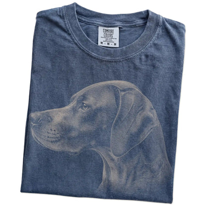 Folded Denim Comfort Colors® T-shirt showing a detailed photographic portrait of a Pointer