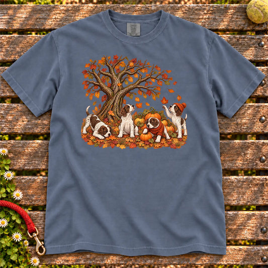Four Pointer puppies with pumpkins beneath an autumn tree on a Denim garment-dyed T-shirt