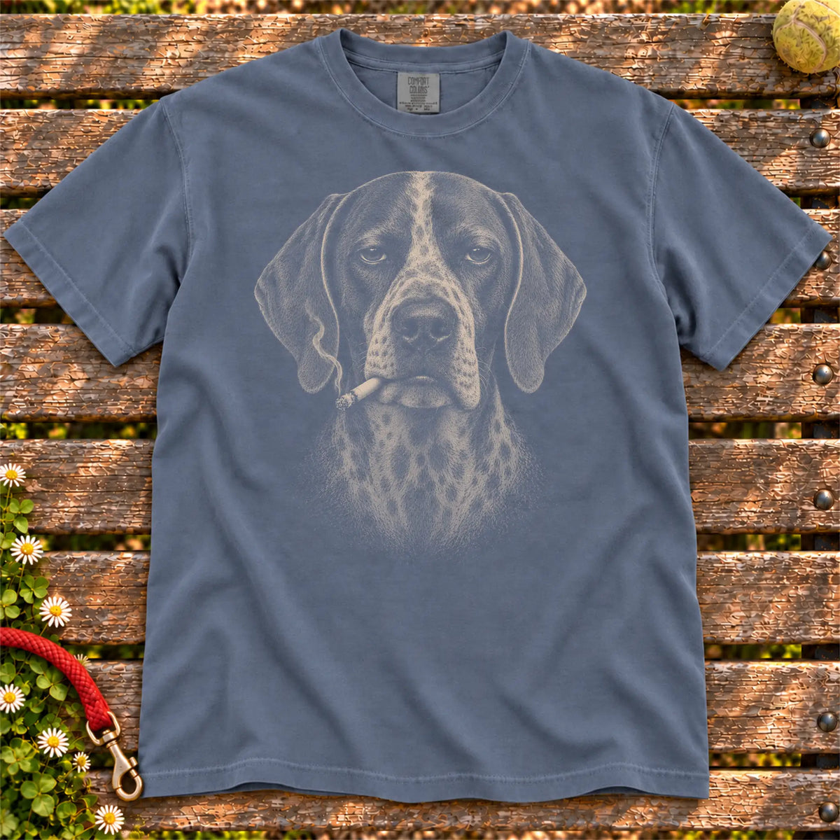 Pointer smoking design on a Denim t-shirt