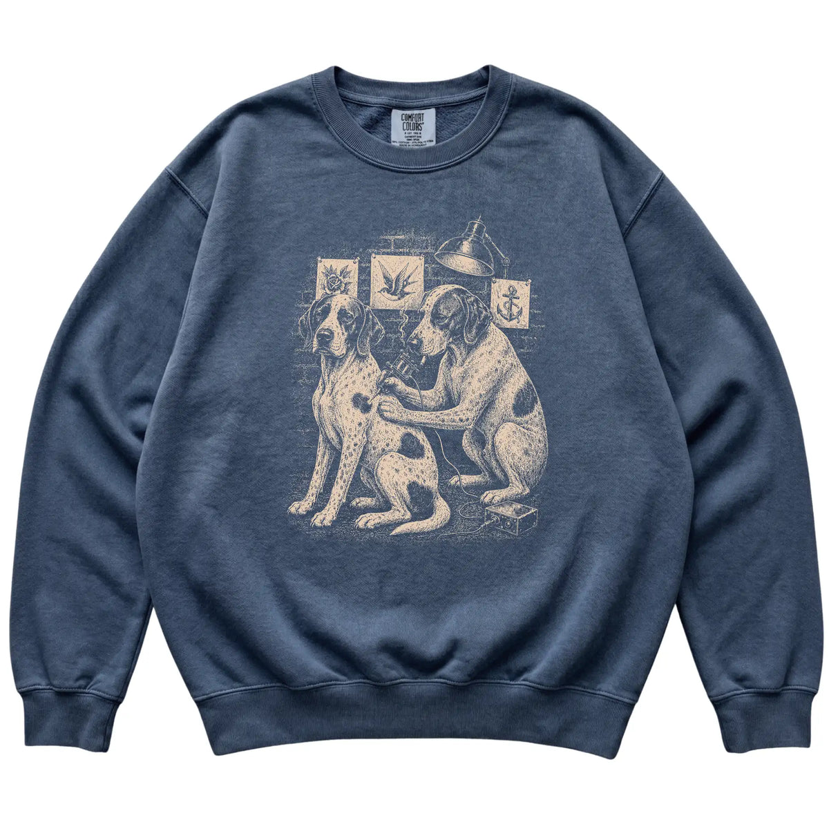 Denim Pointer Dog Tattoo Artist shirt laid flat