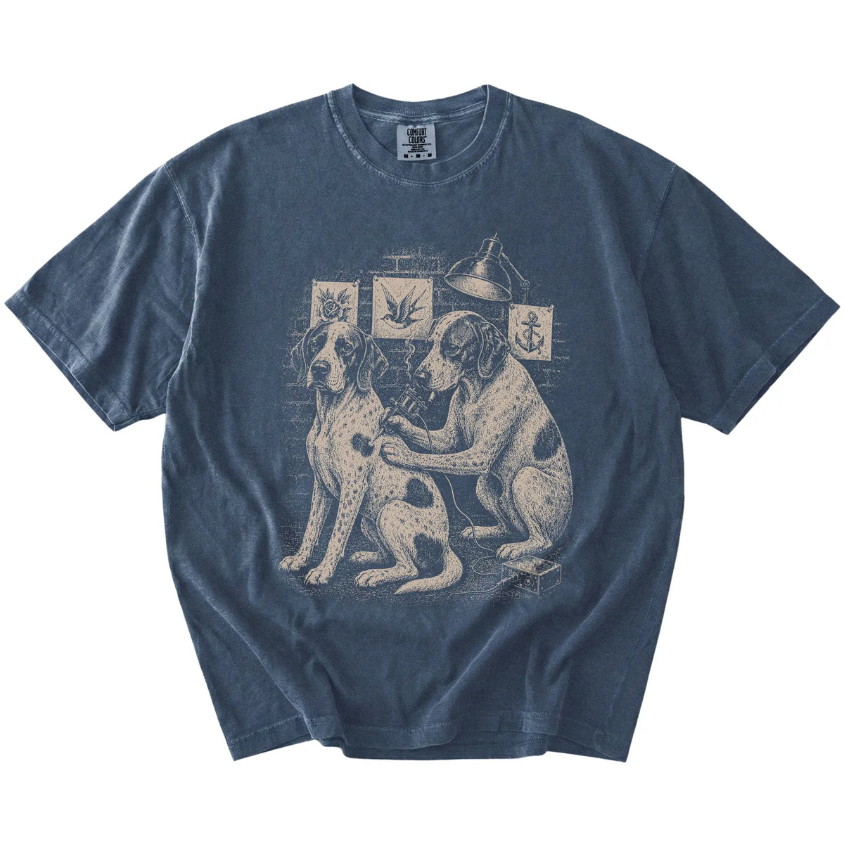 Denim Pointer Tattoo t-shirt laid flat