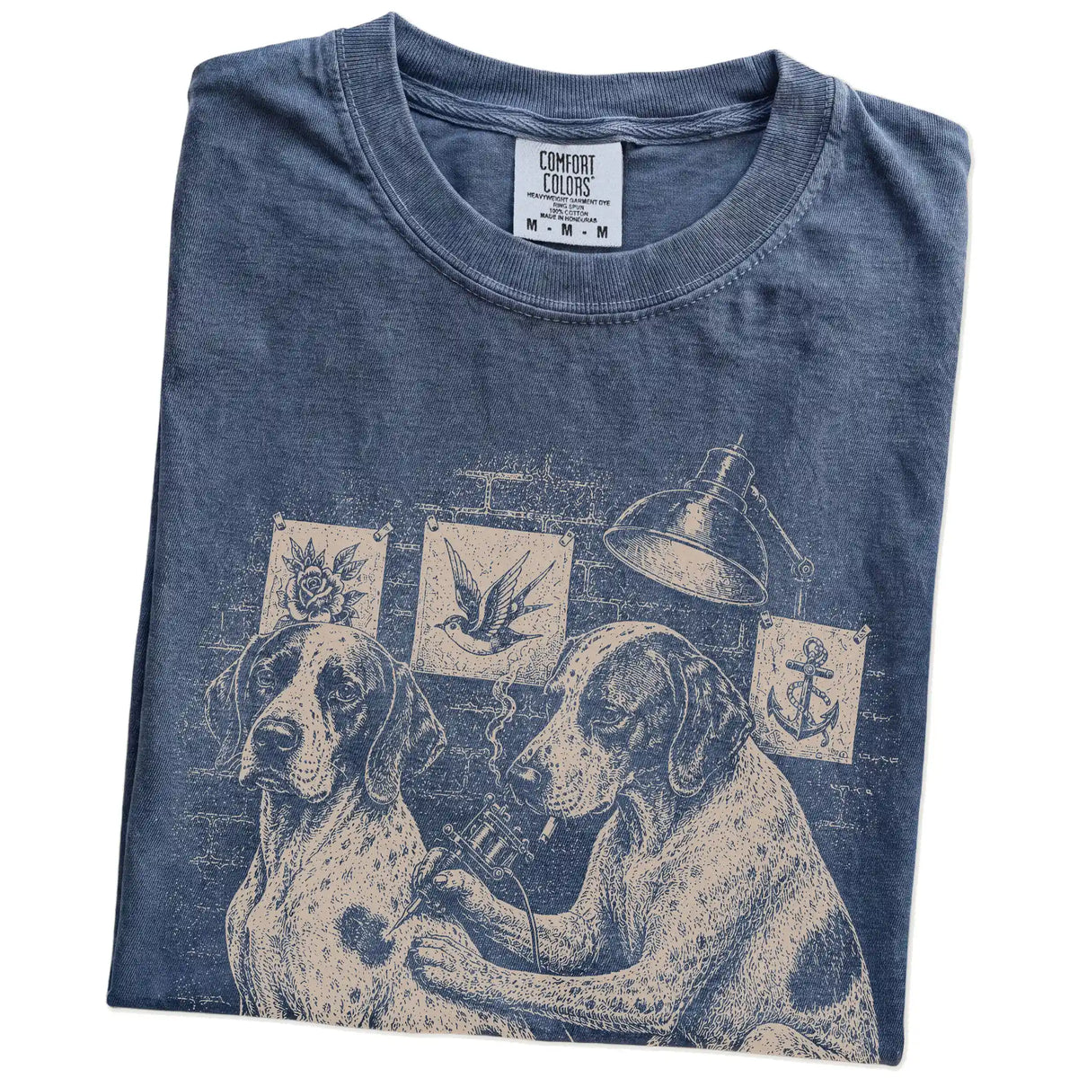 Folded Denim Pointer Tattoo t-shirt showing the graphic