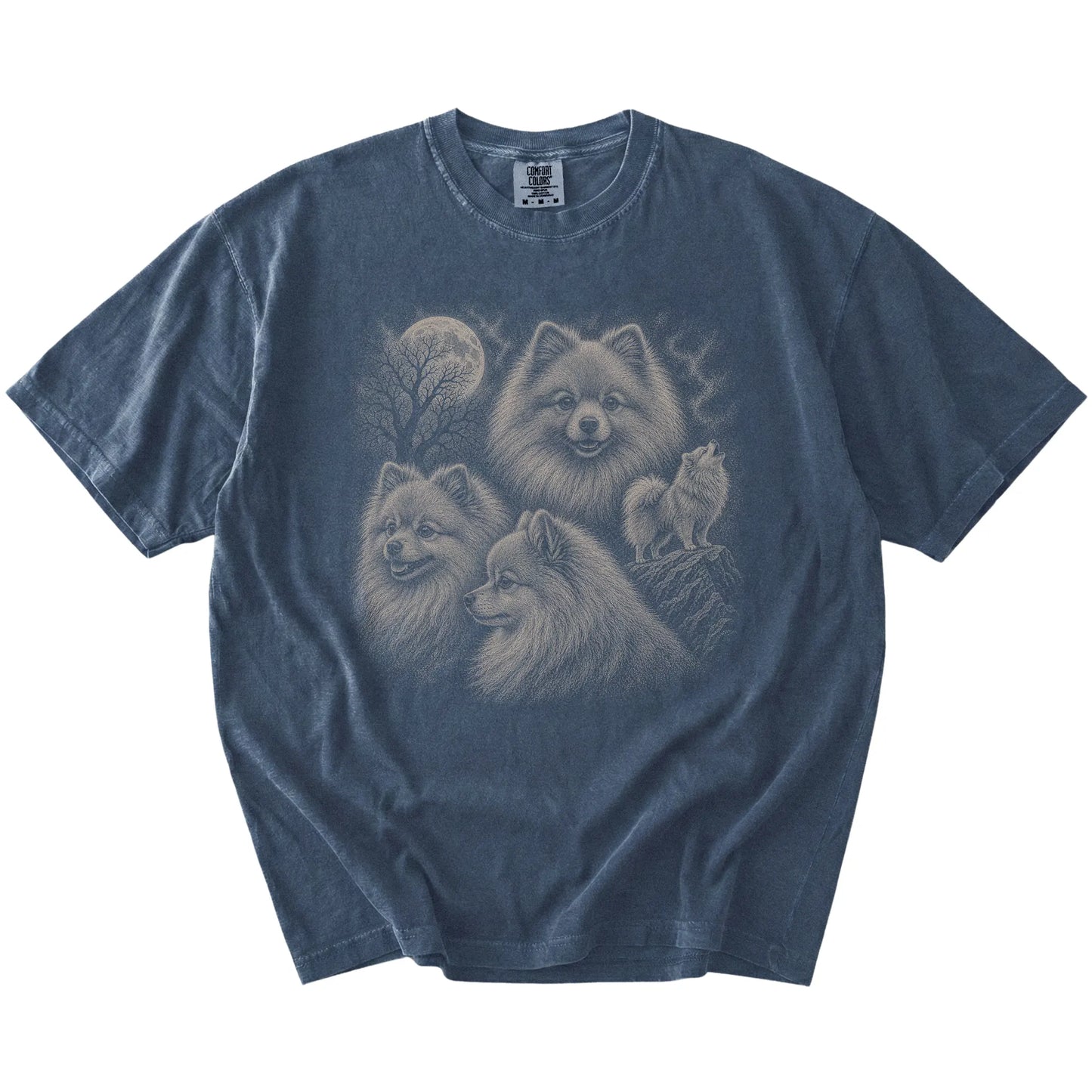 Vintage moon montage featuring Pomeranian on a Denim Comfort Colors® T-shirt