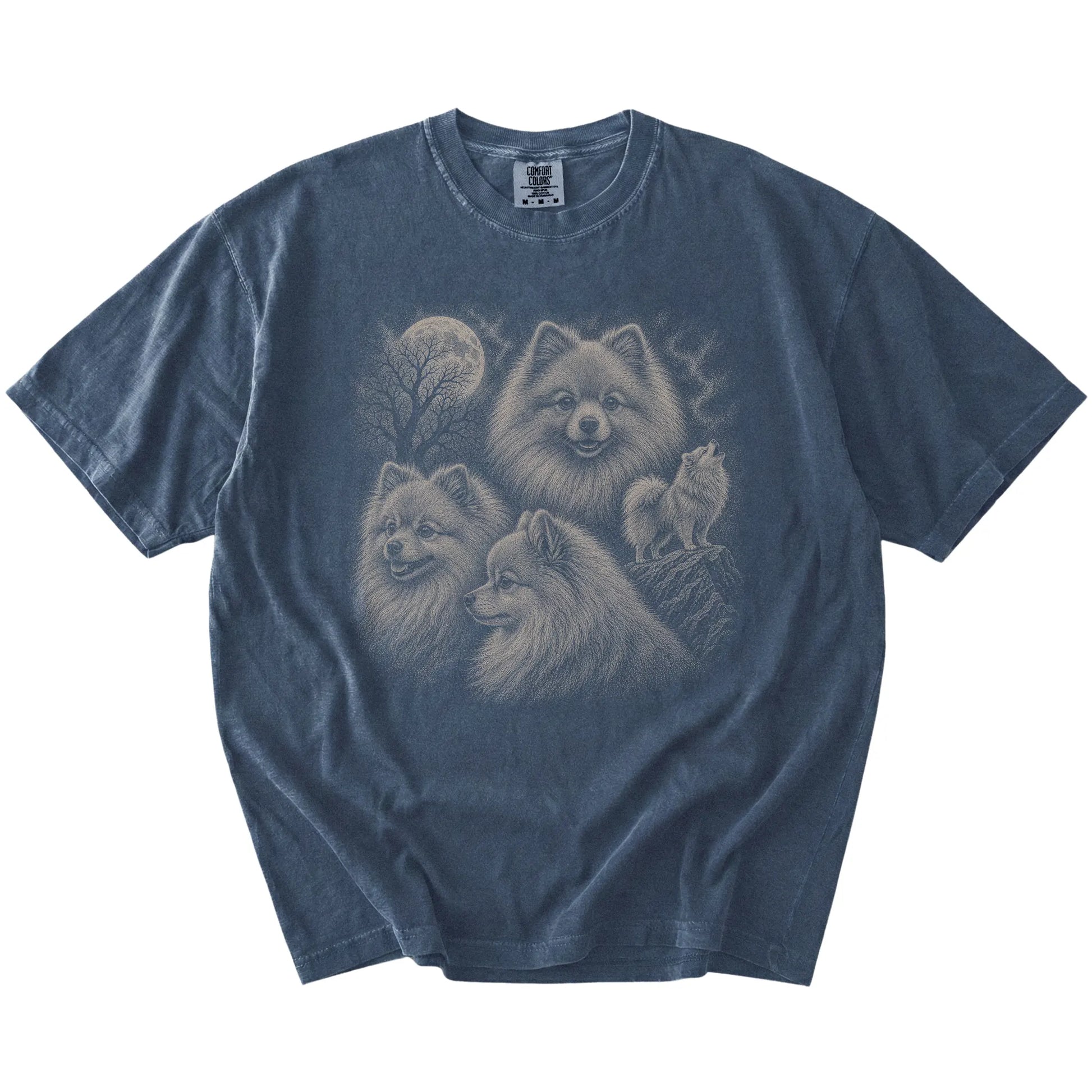 Vintage moon montage featuring Pomeranian on a Denim Comfort Colors® T-shirt
