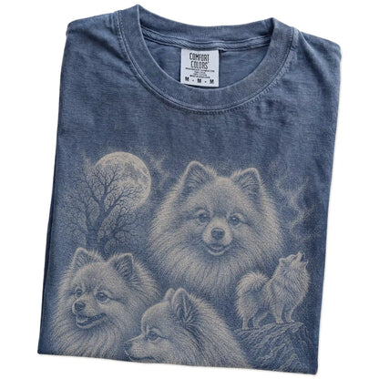 Folded Denim Comfort Colors® T-shirt showing a vintage moon montage featuring Pomeranian