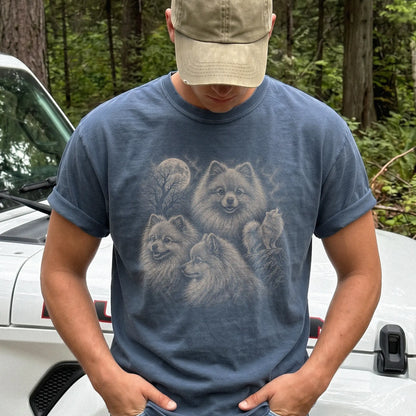 Model wearing a Denim Comfort Colors® T-shirt with a vintage moon montage featuring Pomeranian