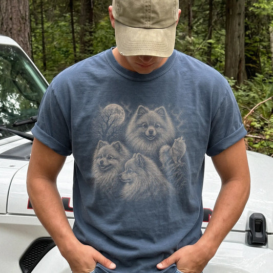 Model wearing a Denim Comfort Colors® T-shirt with a vintage moon montage featuring Pomeranian