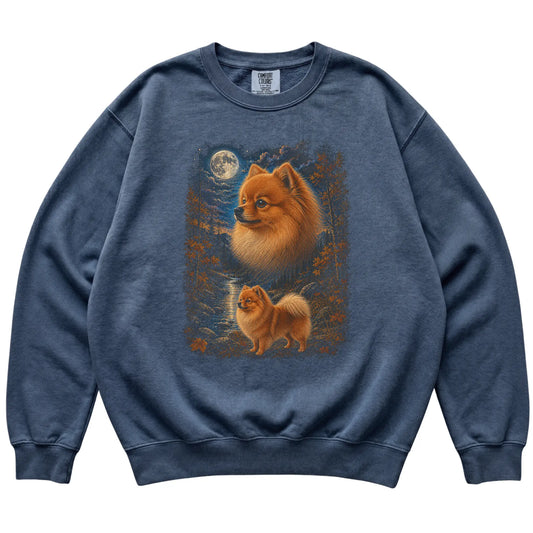 denim sweatshirt with Pomeranian Autumn Moon artwork.