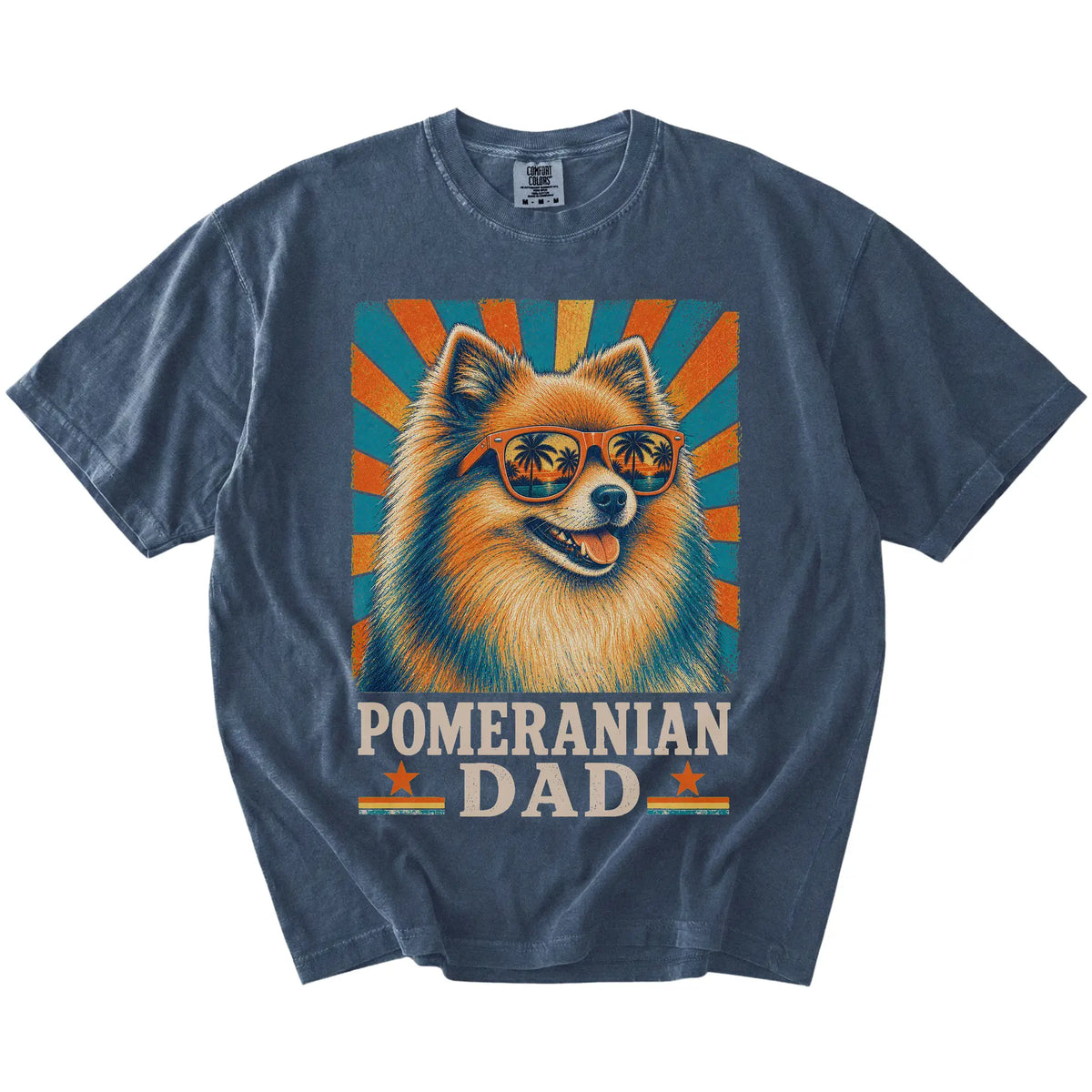 Retro Pomeranian Dad design on a Denim Comfort Colors T-shirt