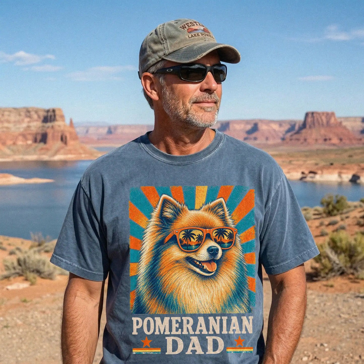 Retro Pomeranian Dad design on a Denim Comfort Colors T-shirt worn by a model