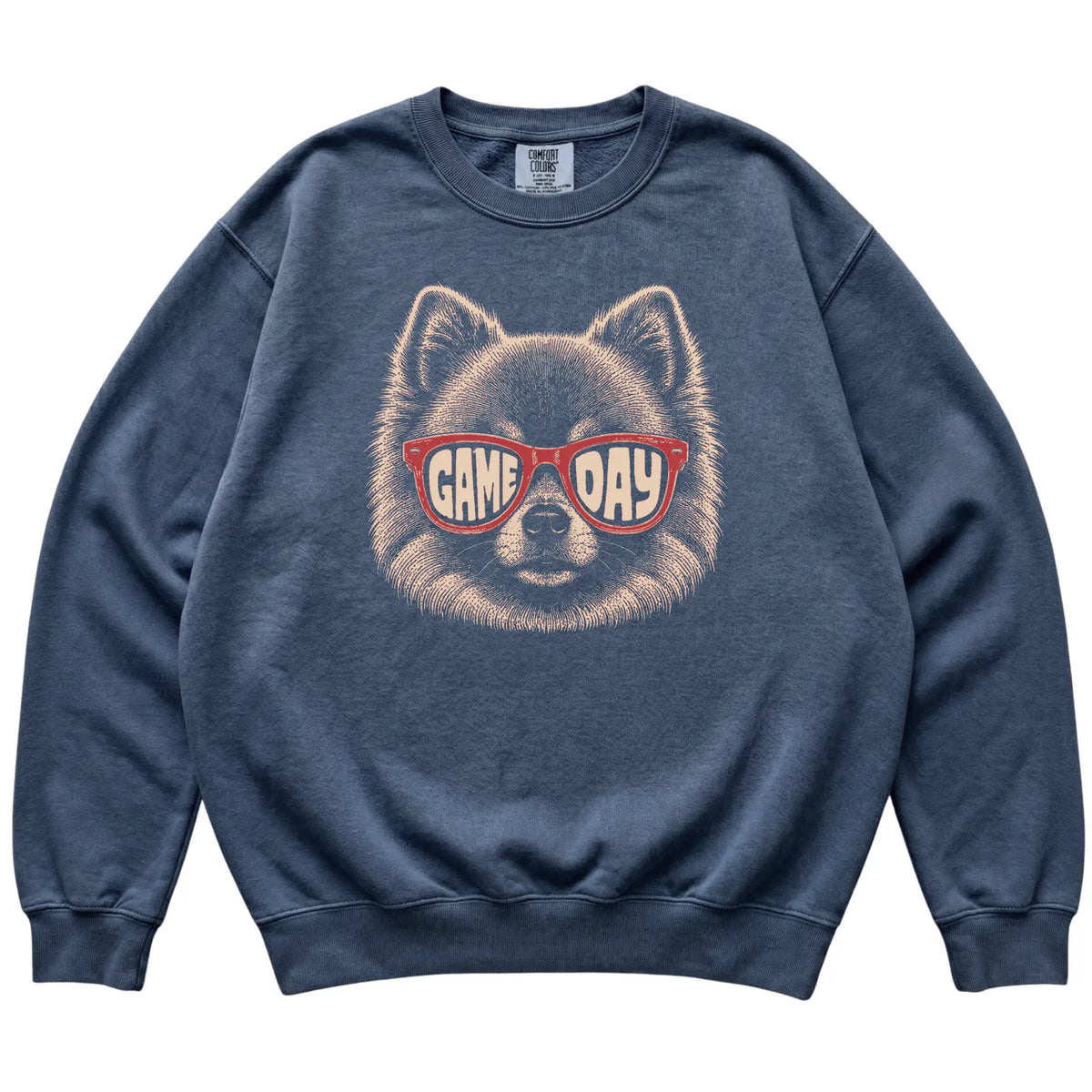 Denim Pomeranian Game Day Sunglasses sweatshirt, laid flat