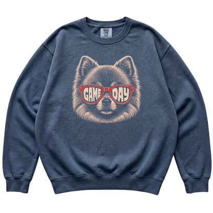 Denim Pomeranian Game Day Sunglasses sweatshirt, laid flat