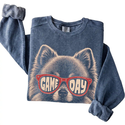 Denim Pomeranian Game Day Sunglasses sweatshirt, folded