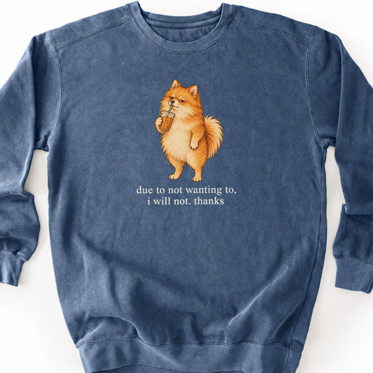 Pomeranian I Will Not design with iced coffee on a denim sweatshirt