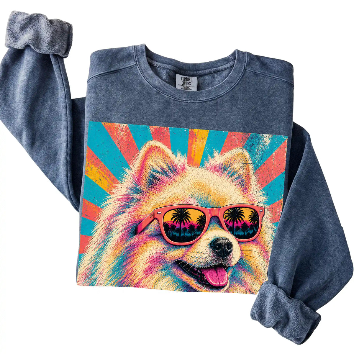 Folded Denim Comfort Colors sweatshirt with a Retro Pomeranian Mama design