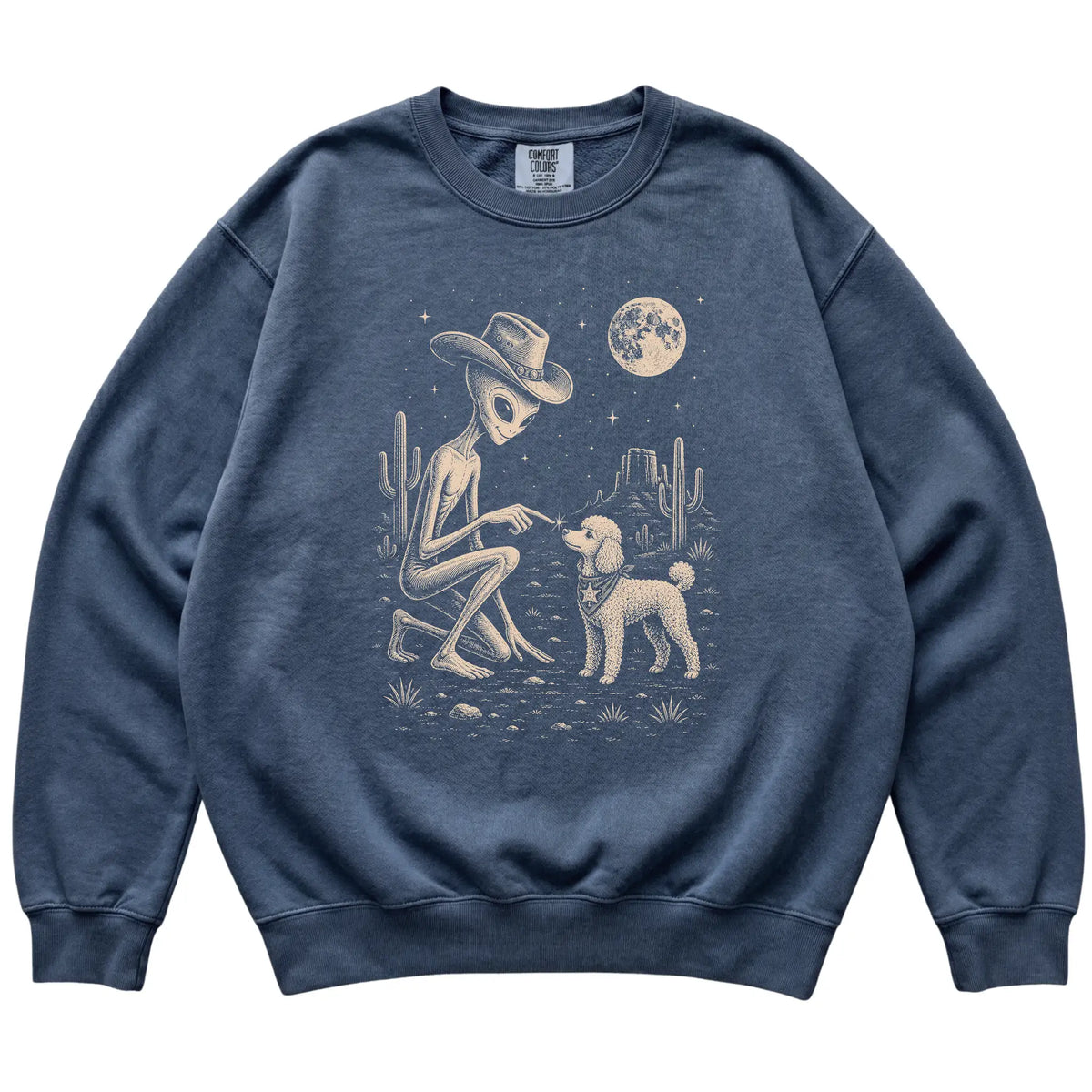 Denim Comfort Colors® sweatshirt featuring Poodle Cowboy and Alien, laid-flat presentation