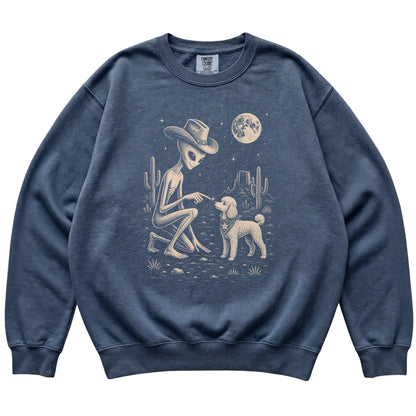 Denim Comfort Colors® sweatshirt featuring Poodle Cowboy and Alien, laid-flat presentation