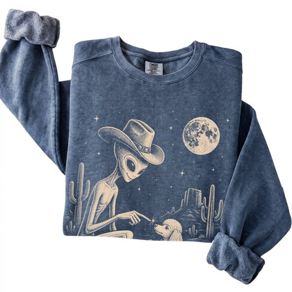 Denim Comfort Colors® sweatshirt featuring Poodle Cowboy and Alien, folded presentation