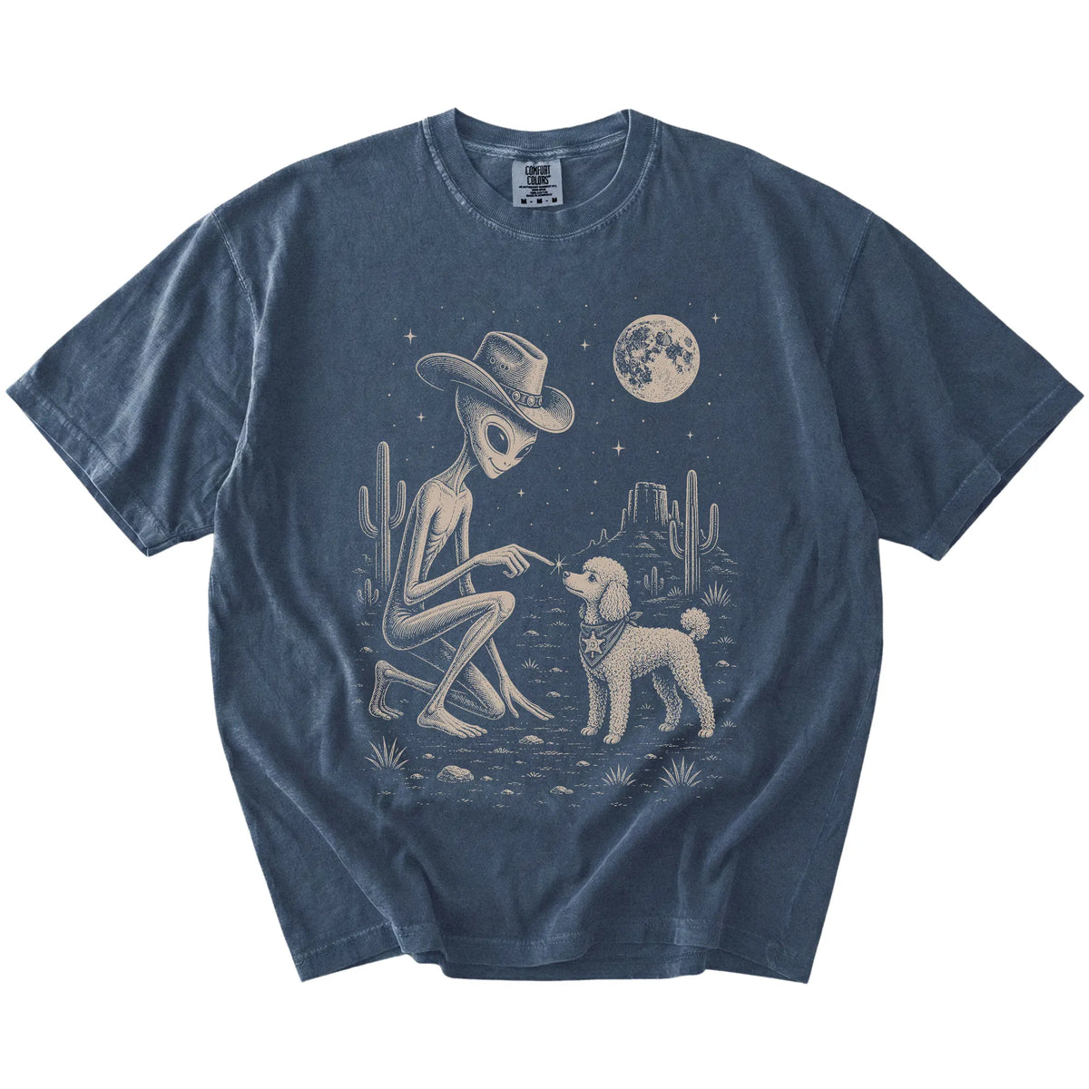 Cowboy alien fist-bumping a Poodle beneath the moon on a Denim Comfort Colors® T-shirt