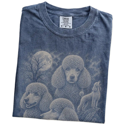 Folded Denim Comfort Colors® T-shirt showing a vintage moon montage featuring Poodle