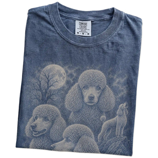 Folded Denim Comfort Colors® T-shirt showing a vintage moon montage featuring Poodle