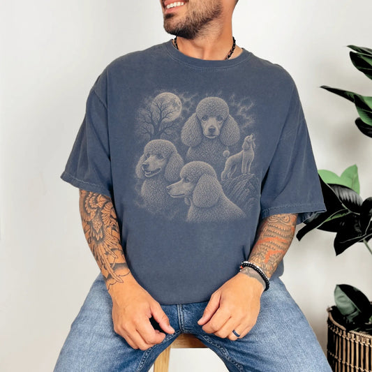 Model wearing a Denim Comfort Colors® T-shirt with a vintage moon montage featuring Poodle