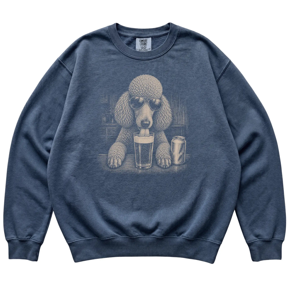Denim Poodle drinking from a pint at a bar, laid flat