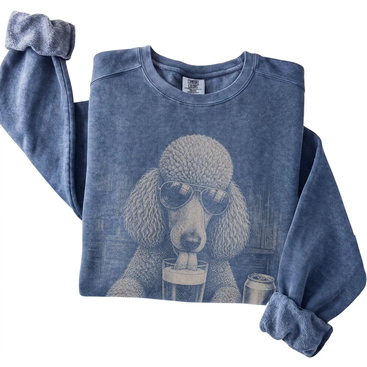 Denim Poodle drinking from a pint at a bar, folded detail view